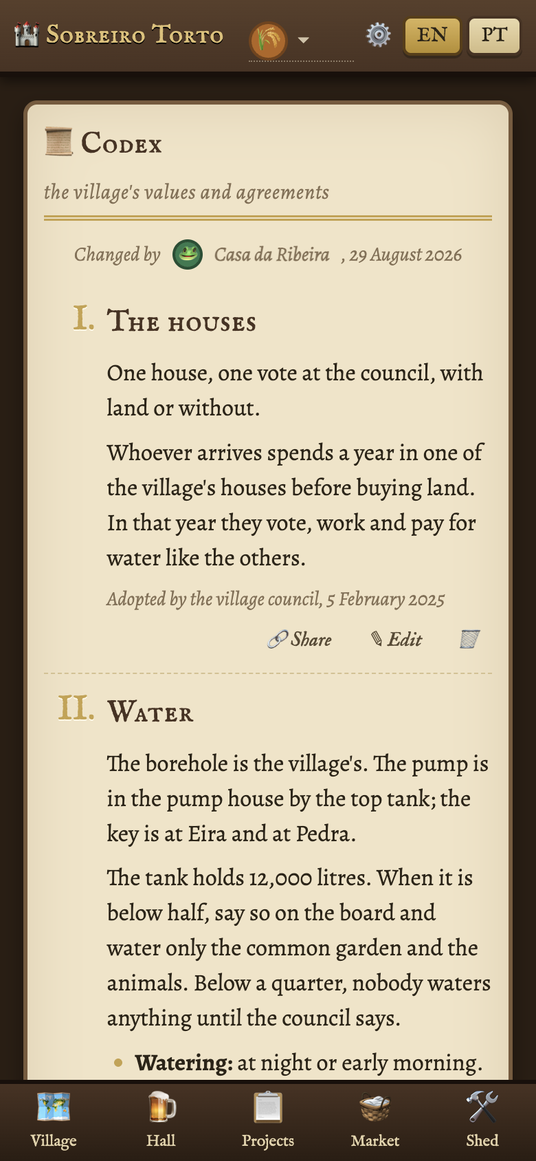 The Codex in the demo village: the village's founding text, section by section. Opens it in the demo.