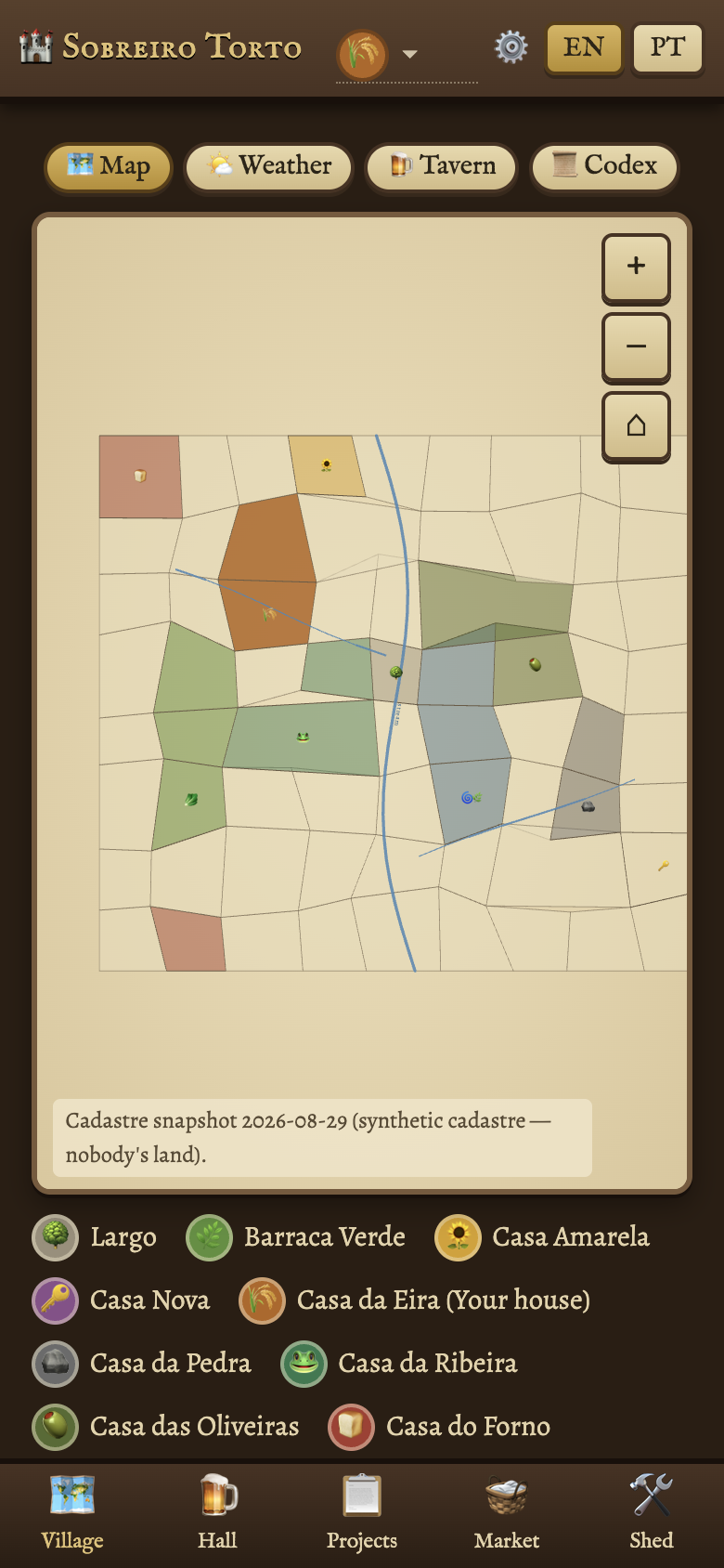 The home screen of the demo village: land plots on a map, each in the colour of its house, a stream, and the list of houses. Opens the demo.