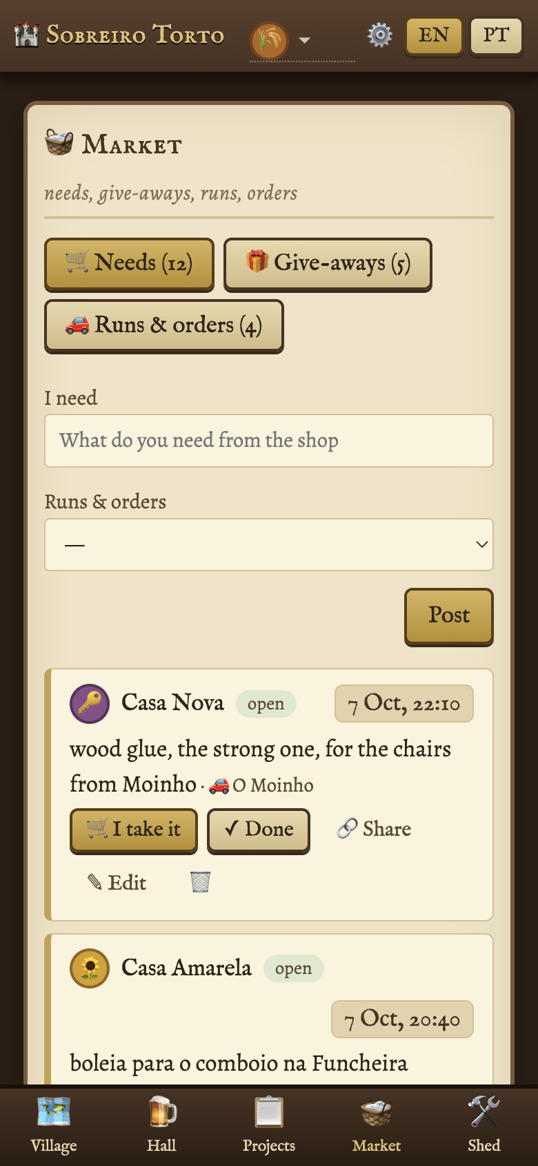 The Market in the demo village: requests, give-aways and shop trips. Opens it in the demo.