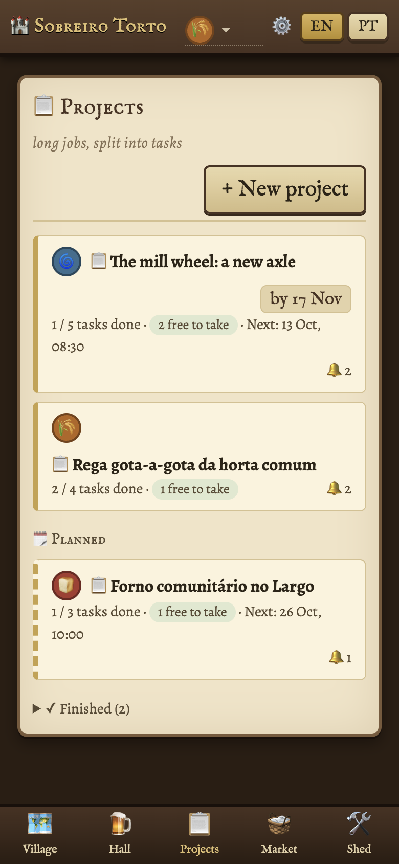 Projects in the demo village: a job in progress, a planned one, a finished one. Opens it in the demo.