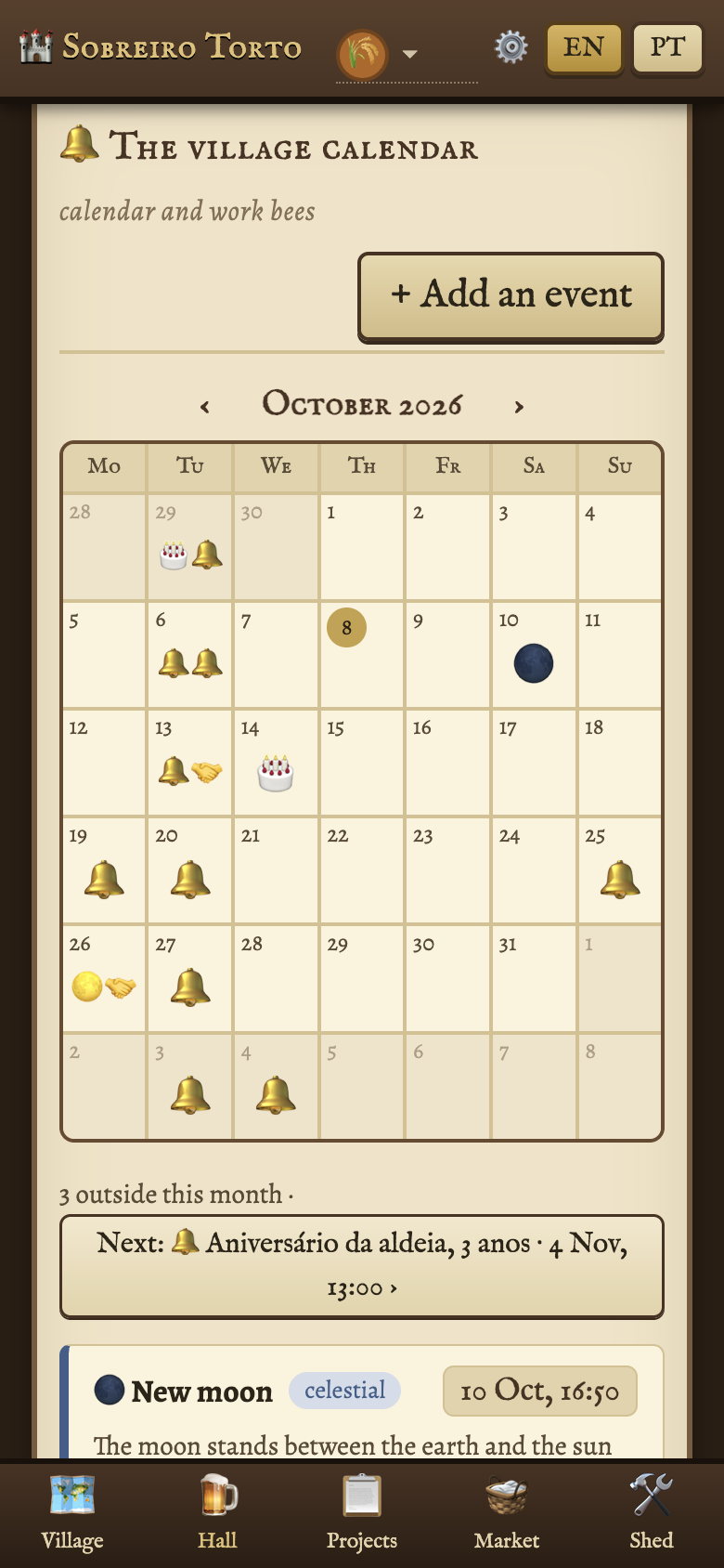 The Tavern in the demo village: pinned notices above the month calendar. Opens it in the demo.